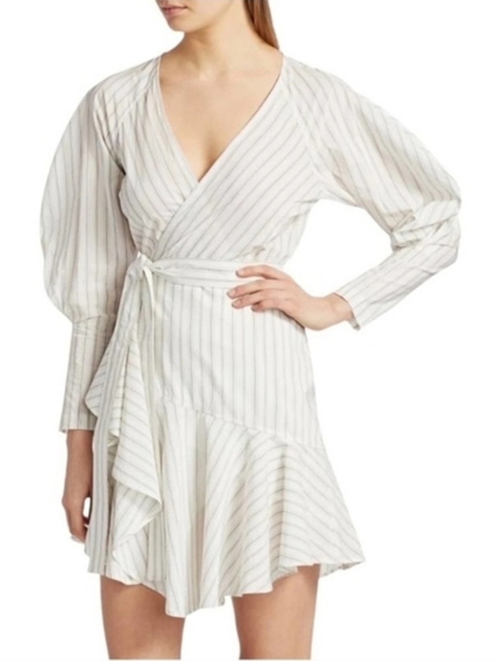 ALC Enzo Dress White Striped Wrap Ruffle mini Button-down Shirt Dress Size 8